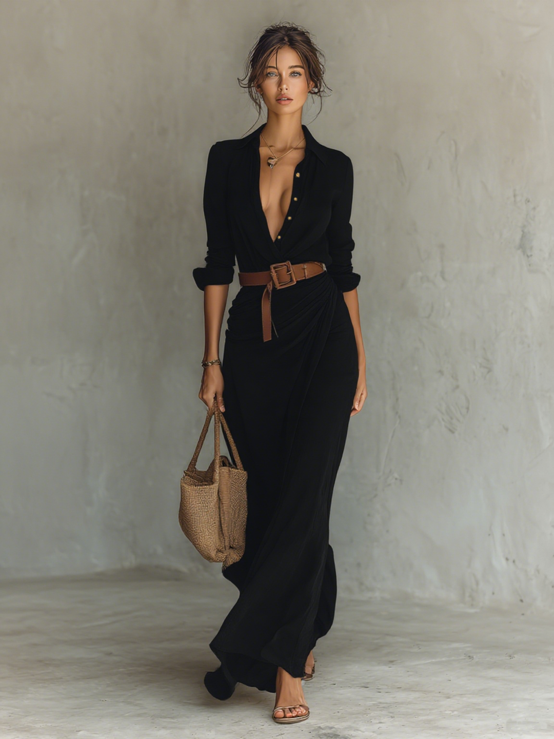Maxi Dress with Notch Collar and Long Sleeves
