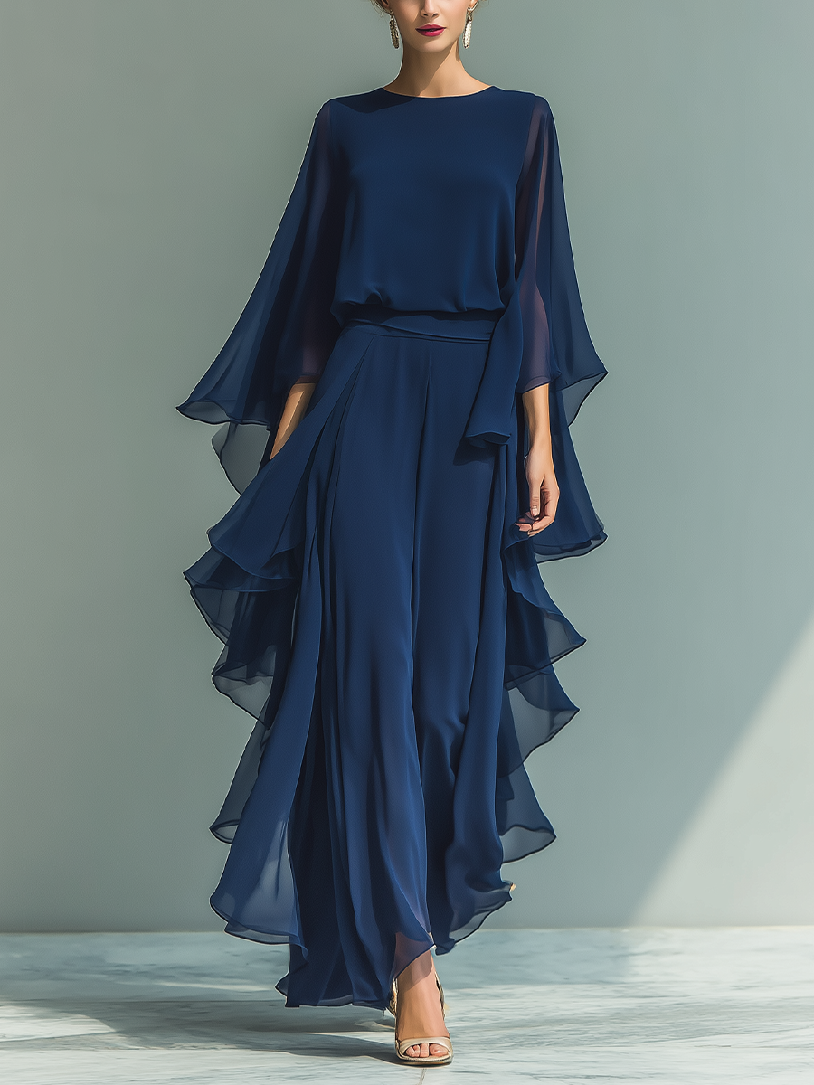 Navy Chiffon Ruffle Set
