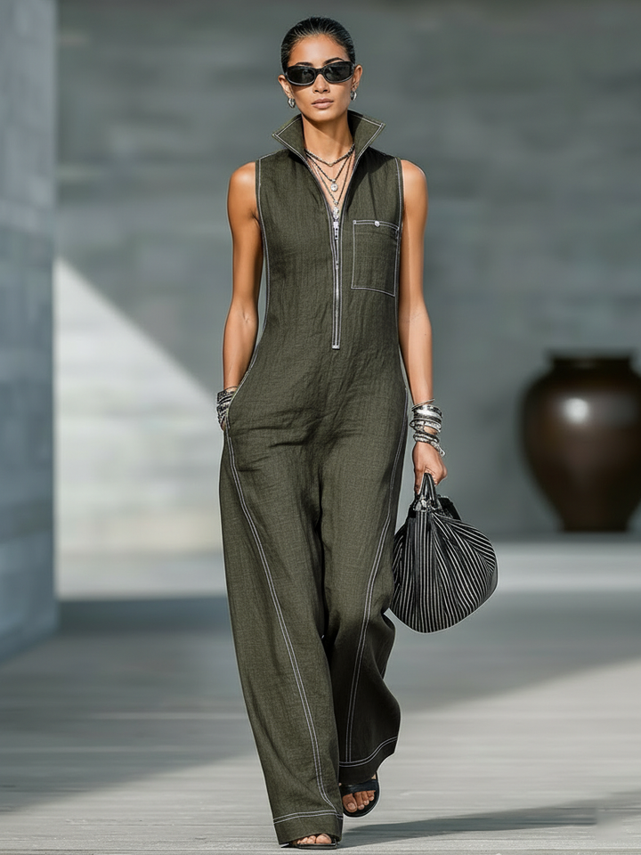 Sleeveless Dungarees with White Hem