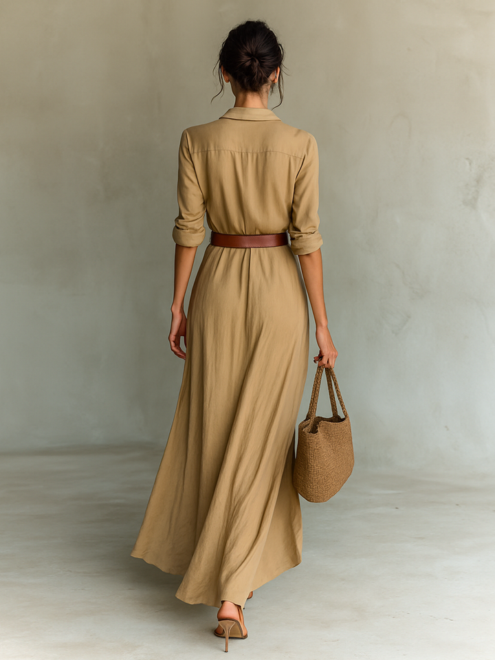 Maxi Dress with Notch Collar and Long Sleeves